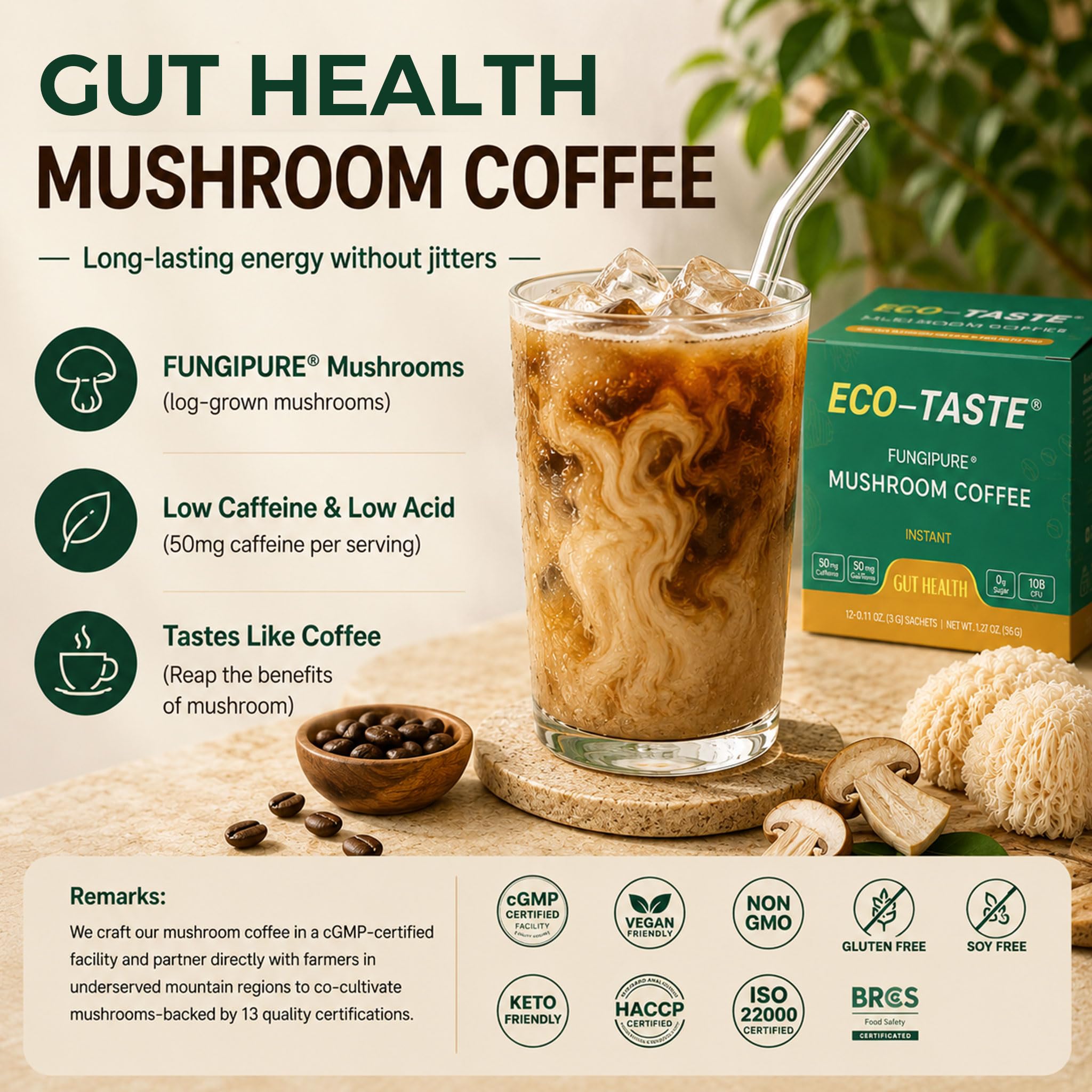ECO-TASTE polvo mezcla de café y hongos con textura fina y soluble