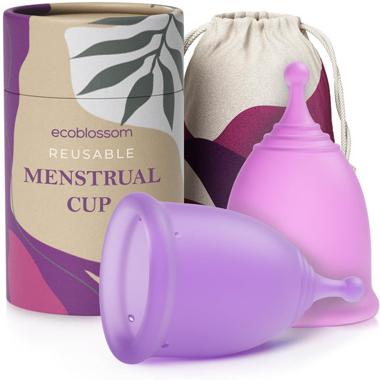 EcoBlossom frente del pack mostrando dos copas y ventajas ecológicas