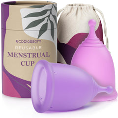 EcoBlossom frente del pack mostrando dos copas y ventajas ecológicas