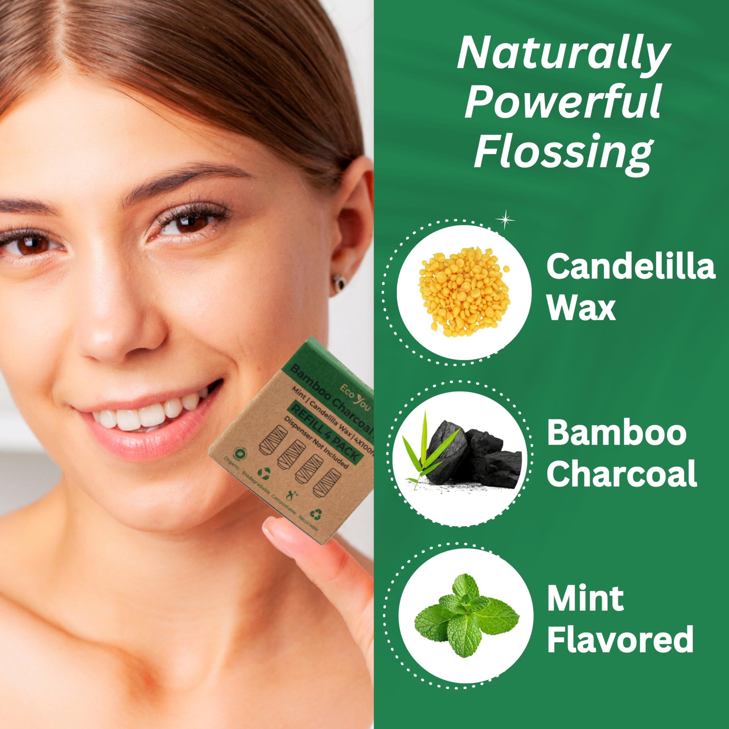EcoYou hilo dental en uso entre dientes, limpieza cómoda y precisa