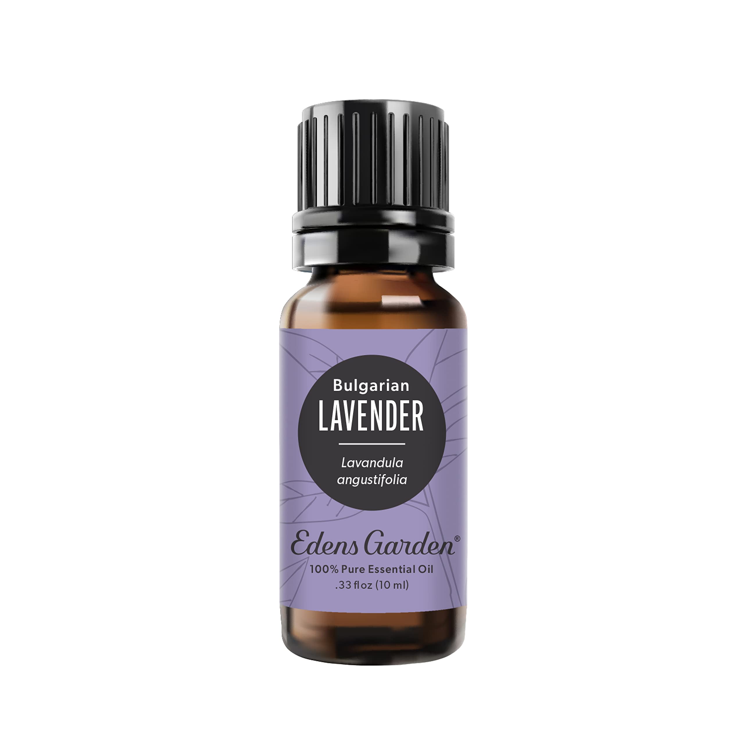Edens Garden frasco delantero Lavanda Búlgara mostrando etiqueta y volumen, confianza y pureza