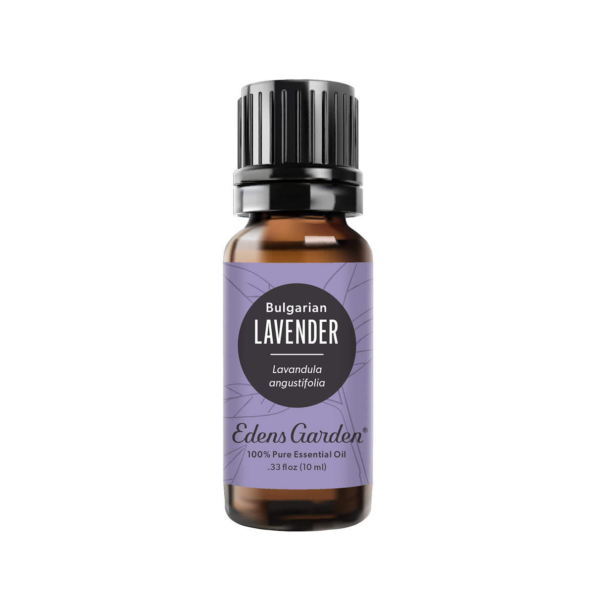 Edens Garden frasco delantero Lavanda Búlgara mostrando etiqueta y volumen, confianza y pureza