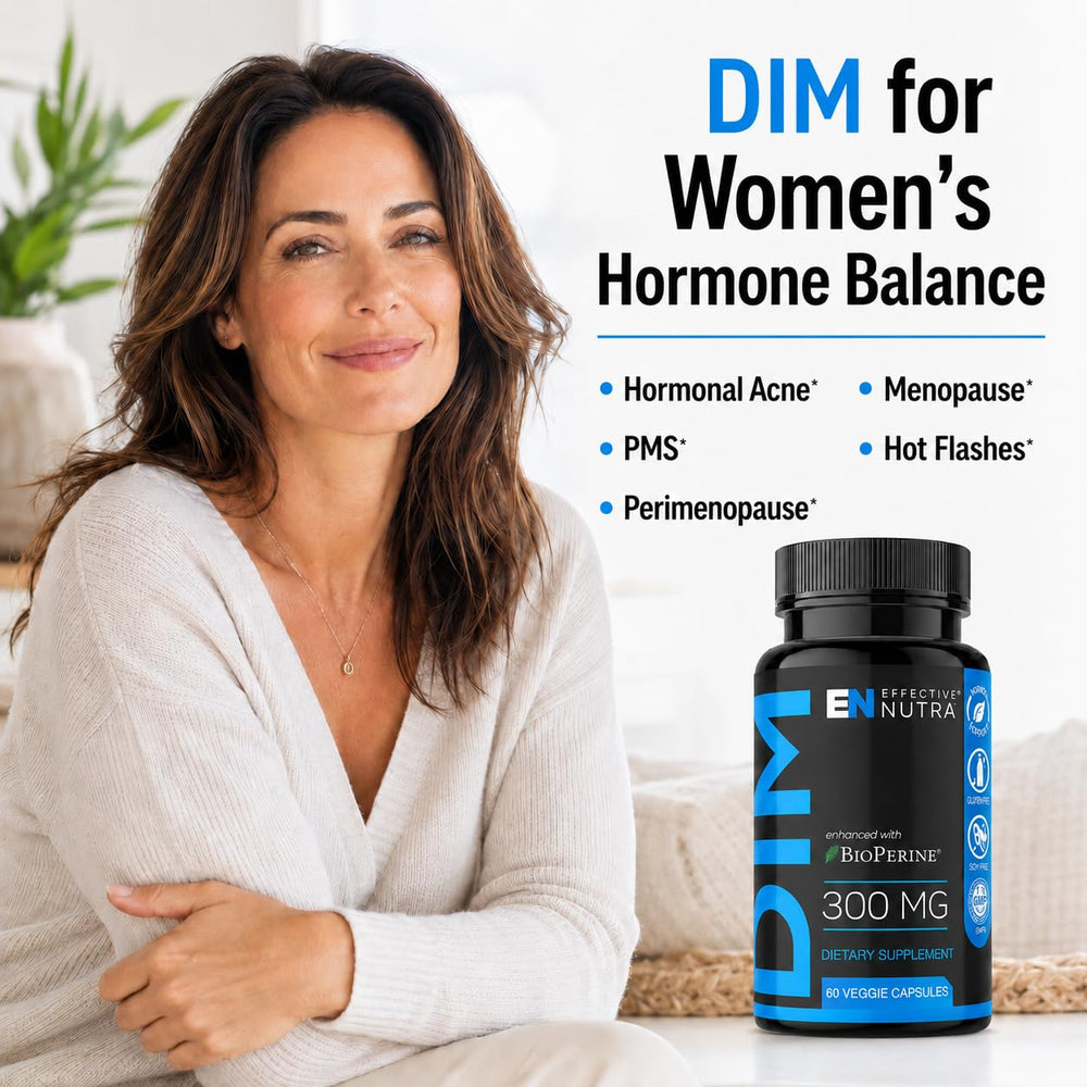 Etiqueta de Effective Nutra que destaca dosis de 300 mg DIM y 5 mg BioPerine
