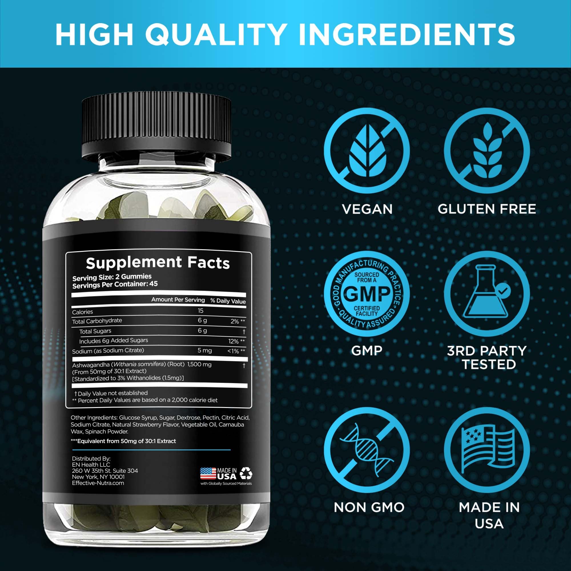 Effective Nutra etiqueta con ingredientes y withanolides en lectura clara