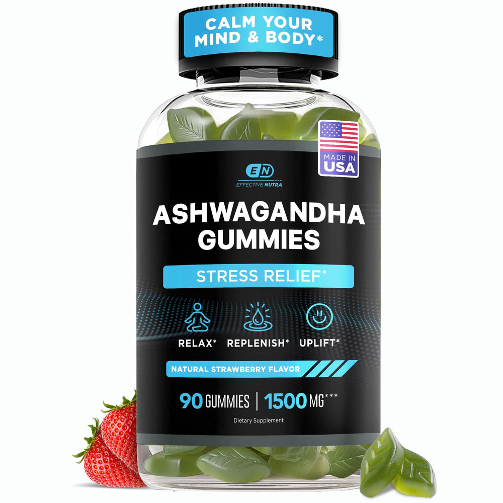 Effective Nutra envase frontal de gomitas de ashwagandha fresa, aspecto claro