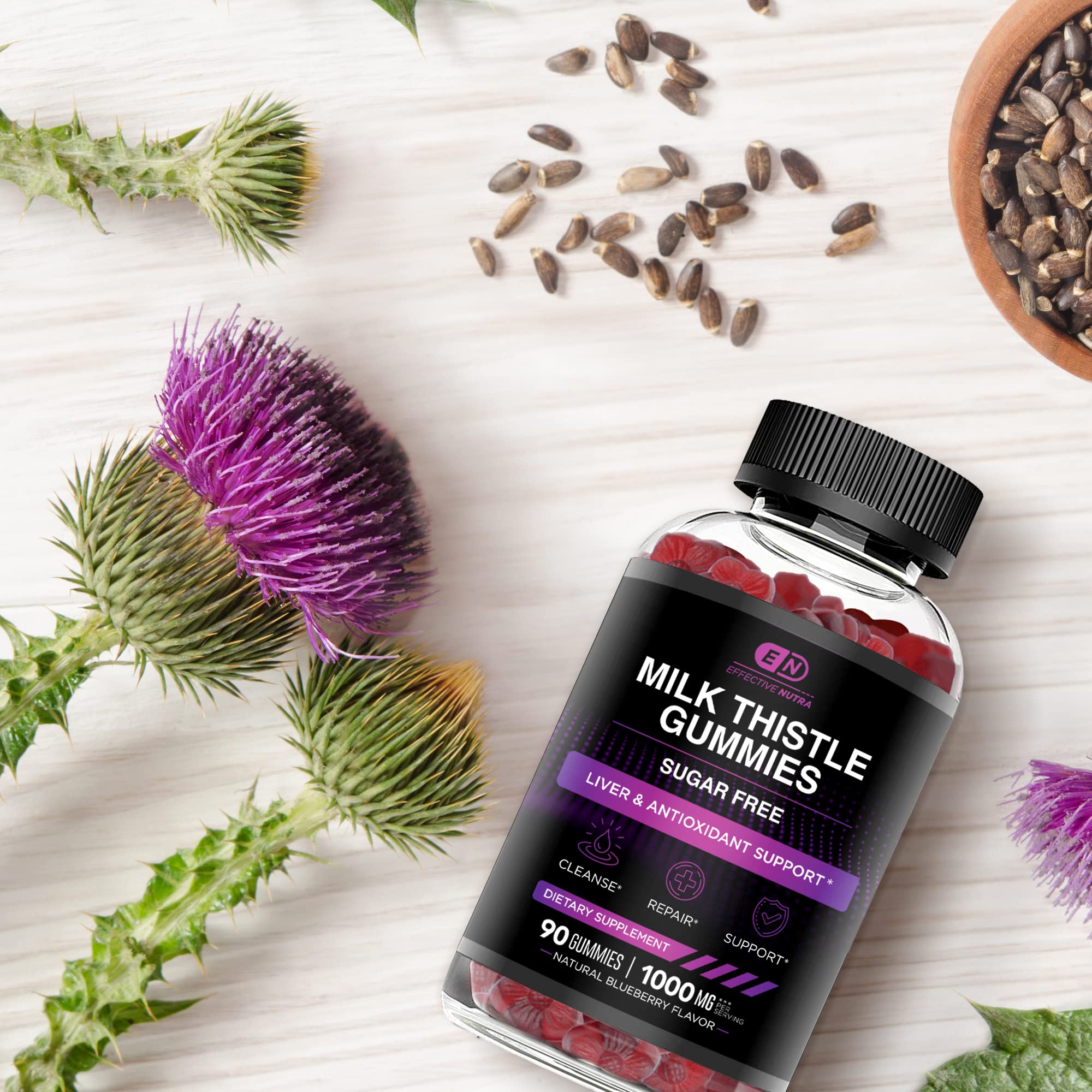Ingredientes clave milk thistle mostrados junto a frasco Effective Nutra
