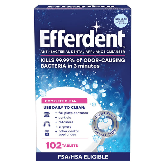 efferdent frente del empaque mostrando 102 tabletas y claridad del producto
