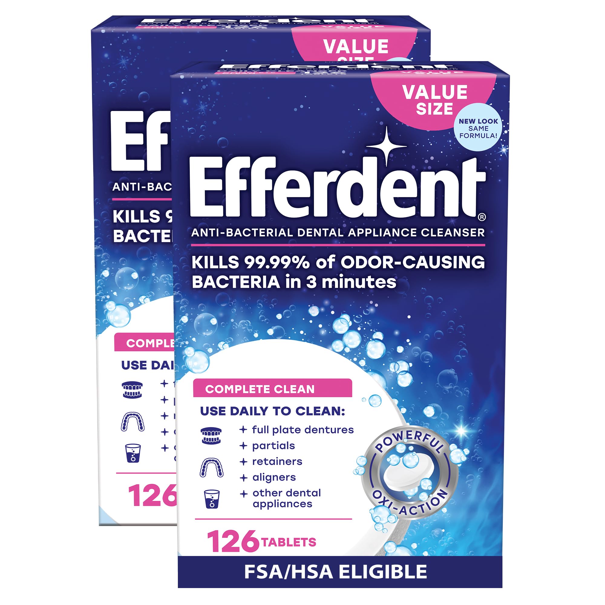 efferdent paquete frontal con 126 pastillas por unidad mostrando suministro prolongado