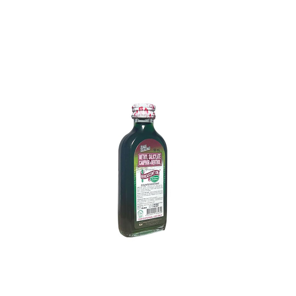 Efficascent Oil comparativa de tamaño 50 ml junto a objetos cotidianos, beneficio portable