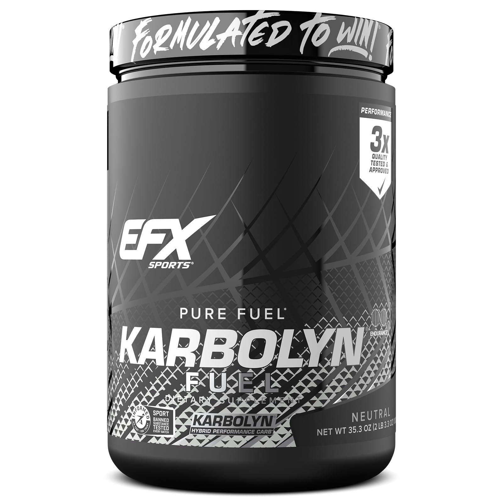 EFX Sports frasco frontal mostrando Karbolyn Neutral y beneficios claros
