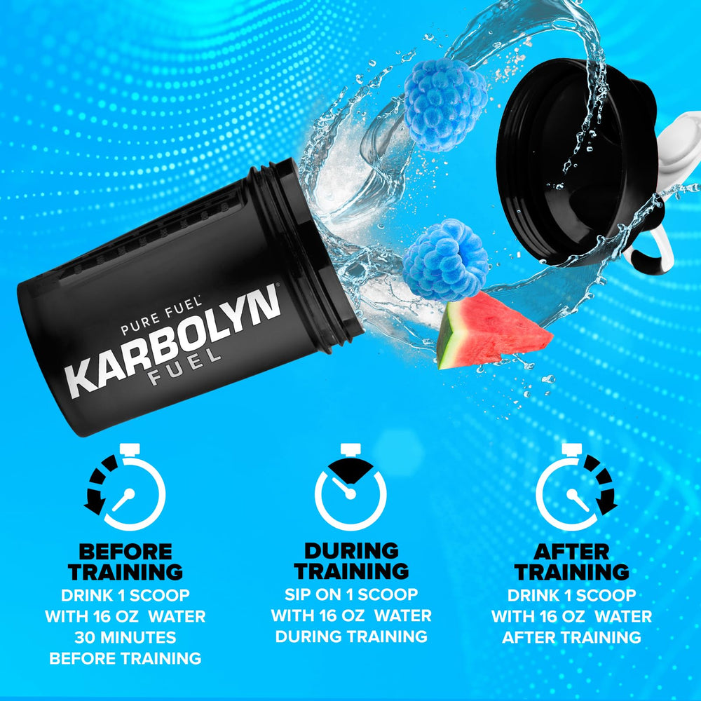 Mano sosteniendo el envase Karbolyn Fuel EFX Sports para comparar tamaño y portabilidad