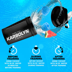 Mano sosteniendo el envase Karbolyn Fuel EFX Sports para comparar tamaño y portabilidad