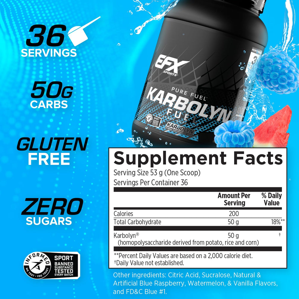 Bebida azul mezclada con Karbolyn Fuel EFX Sports lista para entrenar, sabor refrescante