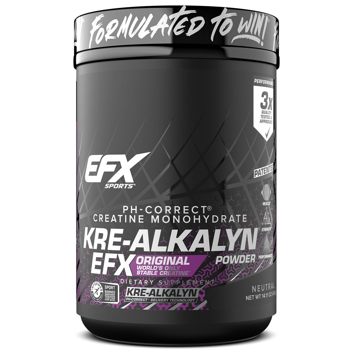 EFX Sports envase frontal del Kre-Alkalyn, muestra confianza y pureza