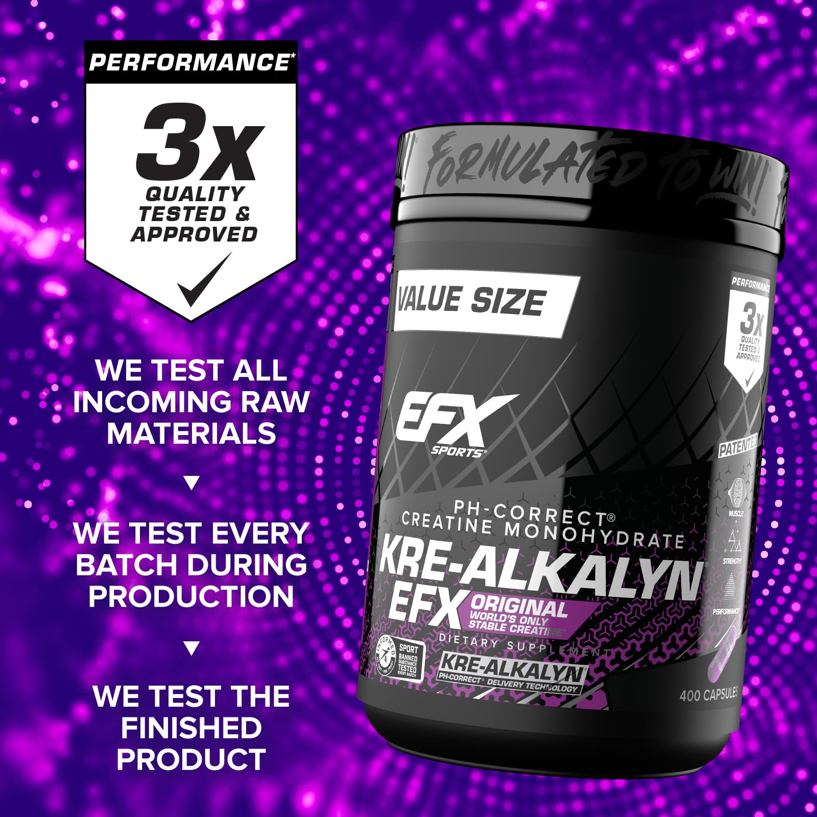 EFX Sports cápsulas dispuestas con guía de dosis, visualiza 1.5–3 g diarios