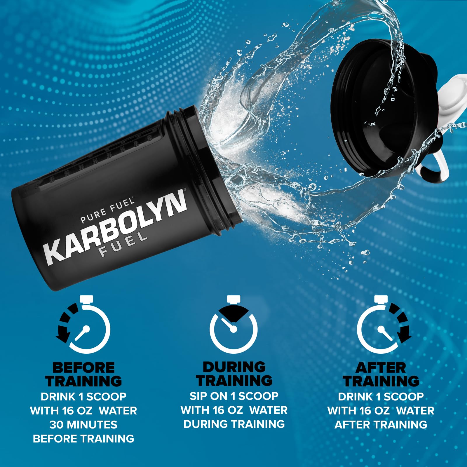 Tarro de Karbolyn junto a botella de agua y pesas, EFX Sports para uso pre e intra entrenamiento