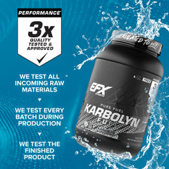 Detalle de etiqueta EFX Sports Karbolyn con sellos de calidad y certificación Informed Sport