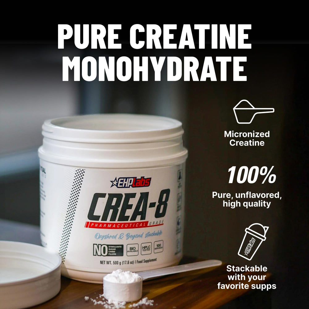 EHP Labs CREA-8 polvo micronizado detalle de textura para disolución rápida