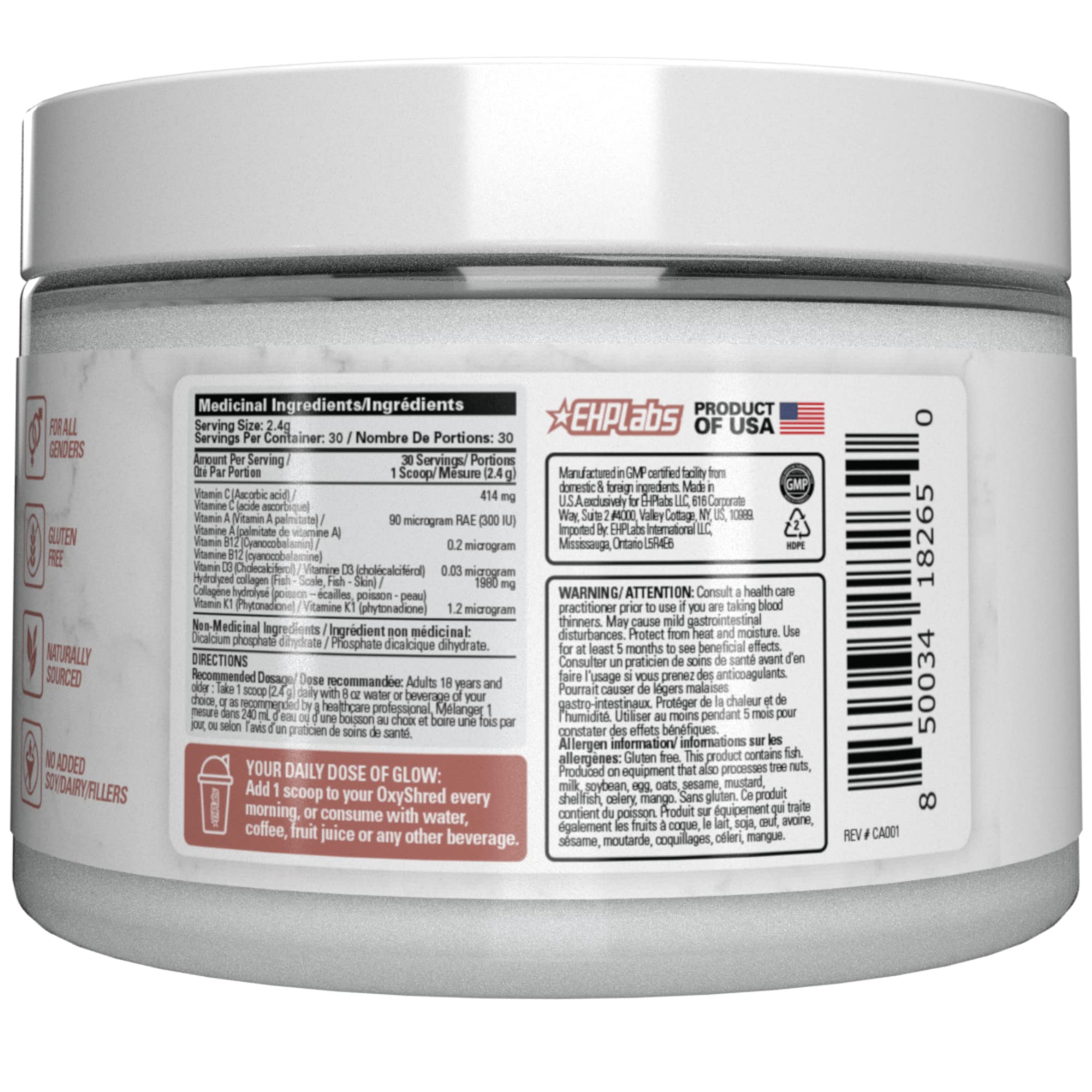 Acercamiento a la etiqueta nutricional de OxyGlow, EHP Labs informa dosis y contenidos