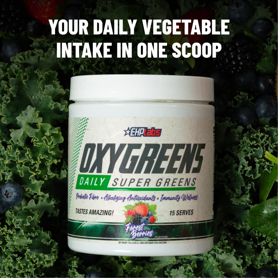 EHP Labs OxyGreens etiqueta del envase con información de ingredientes y calidad