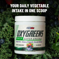 EHP Labs OxyGreens etiqueta del envase con información de ingredientes y calidad