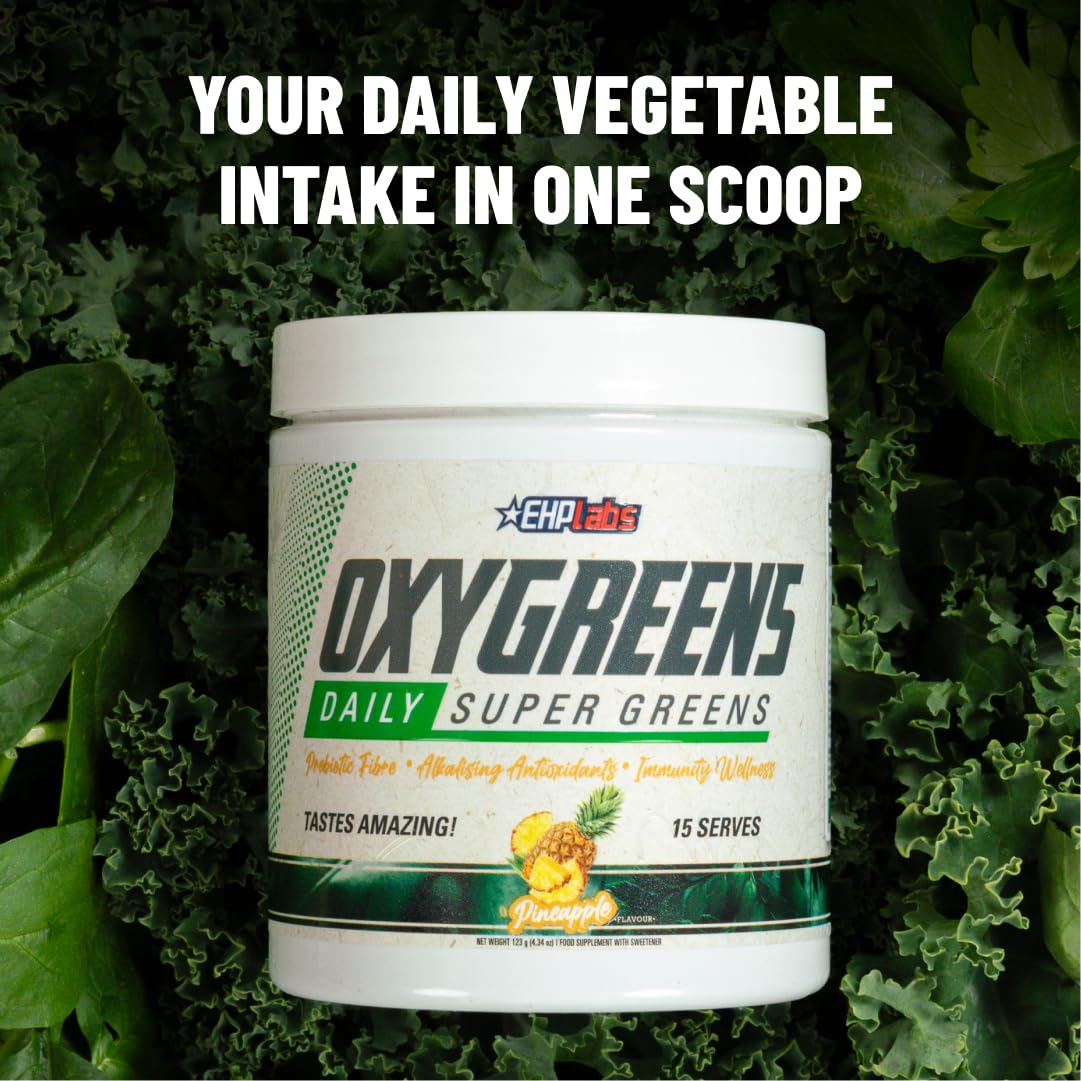 EHP Labs OxyGreens cucharada medidora con polvo, porción exacta fácil usar