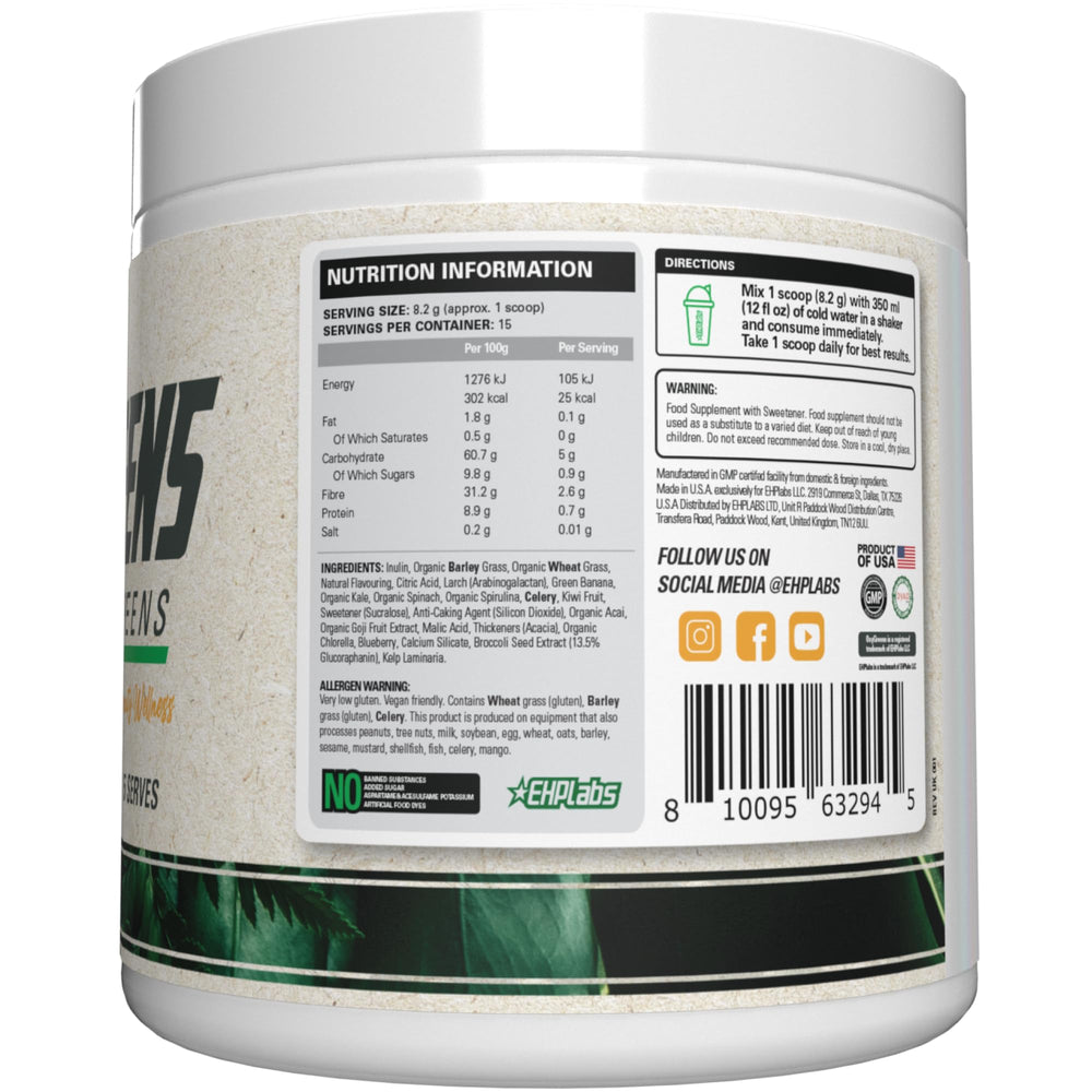 EHP Labs OxyGreens etiqueta con información nutricional clara y completa