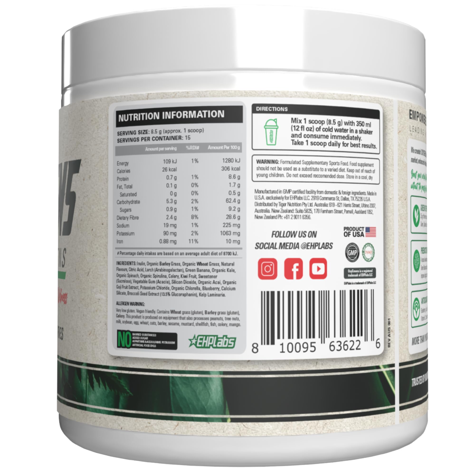 EHP Labs etiqueta nutricional OxyGreens, beneficio: información clara de ingredientes