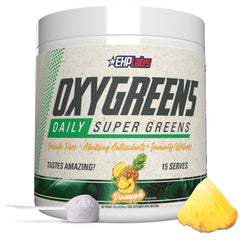 EHP Labs OxyGreens frente del envase mostrando diseño y sabor piña