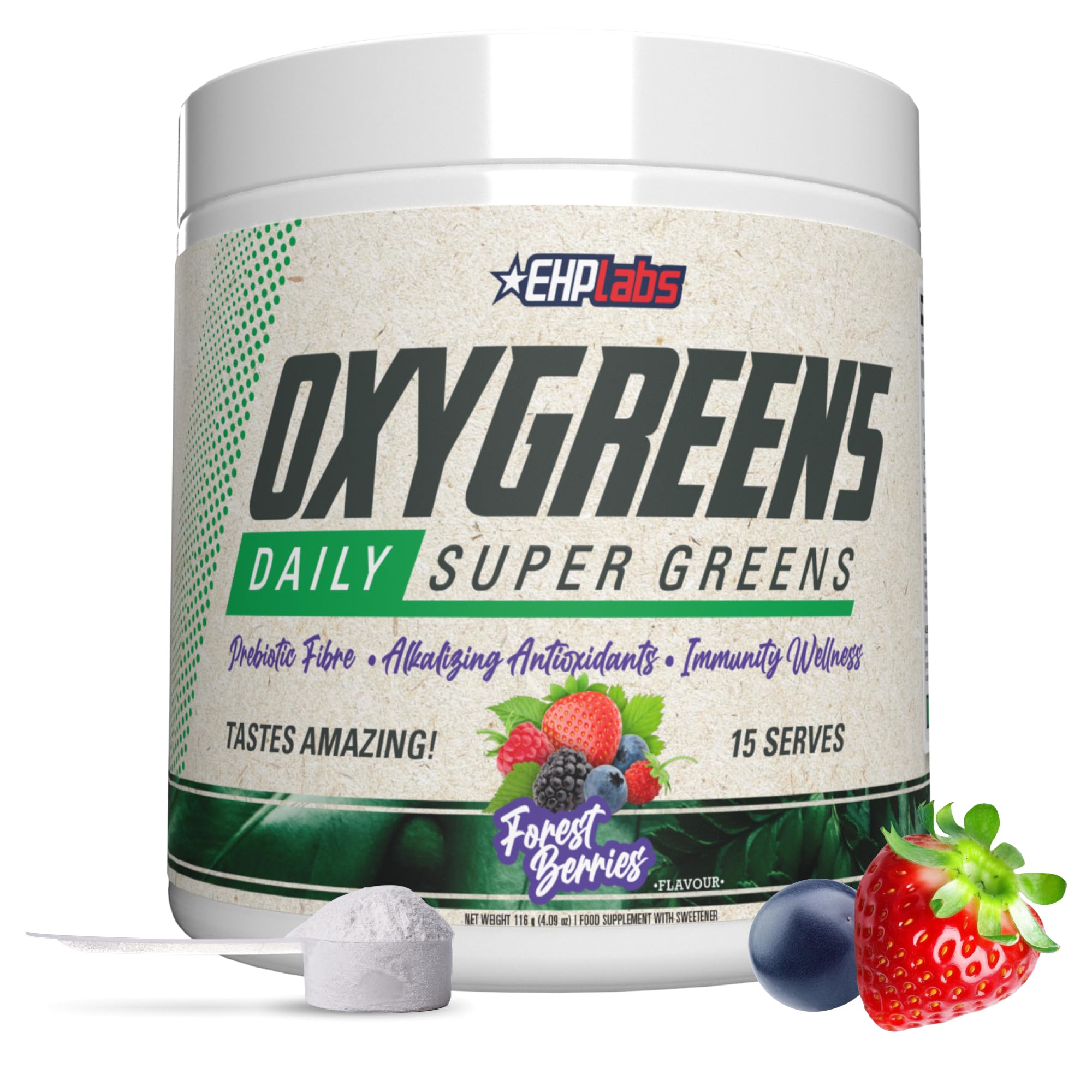 EHP Labs OxyGreens frente del envase mostrando la marca y beneficio nutricional