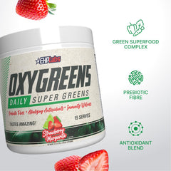 EHP Labs OxyGreens servido en vaso, beneficio: bebida refrescante lista para tomar