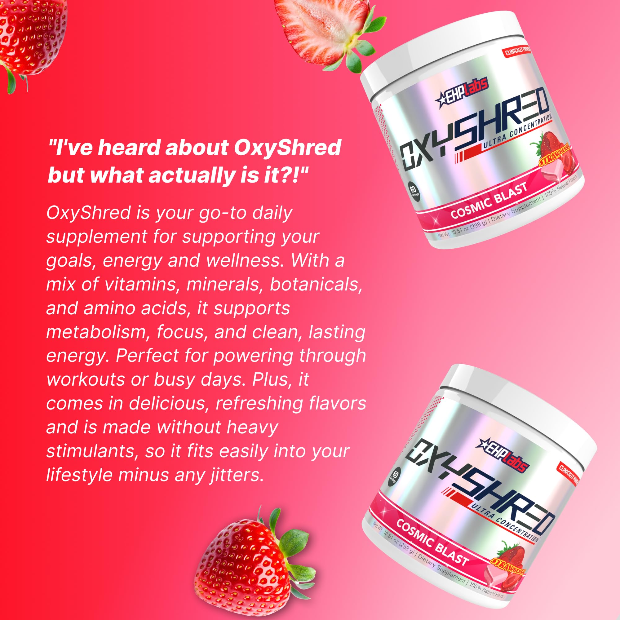 EHP Labs OxyShred bote junto a una cinta métrica para referencia de 60 servicios