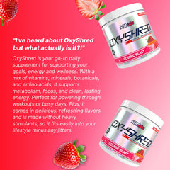EHP Labs OxyShred bote junto a una cinta métrica para referencia de 60 servicios