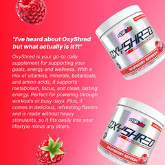 EHP Labs OxyShred al lado de una regla para comparar tamaño del envase y control de porciones