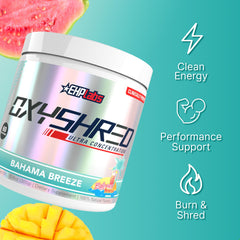 Envase abierto de EHP Labs OxyShred con polvo visible para preparación rápida