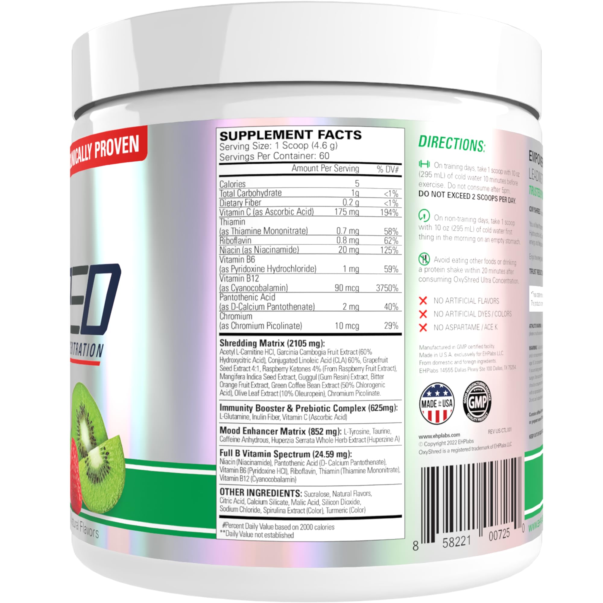 EHP Labs etiqueta nutricional OxyShred mostrando información y calidad del lote
