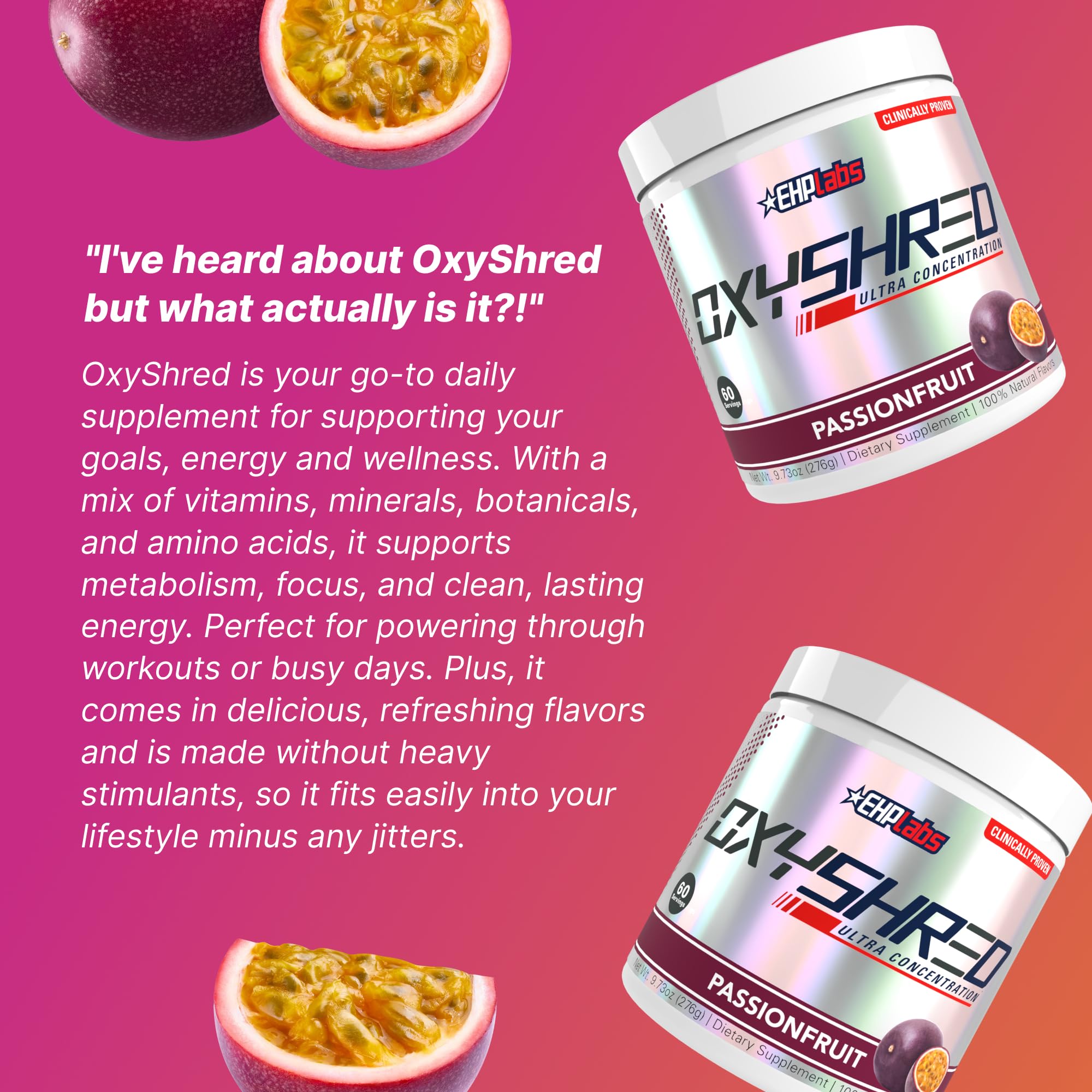 EHP Labs OxyShred etiqueta con lista de ingredientes, muestra transparencia y control de calidad