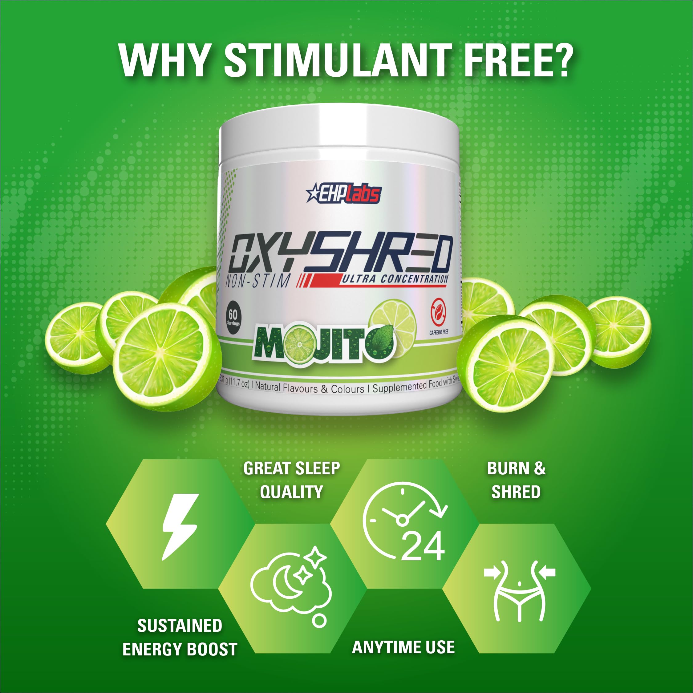 Detalle de etiqueta de EHP Labs OxyShred con información nutricional y calidad GMP