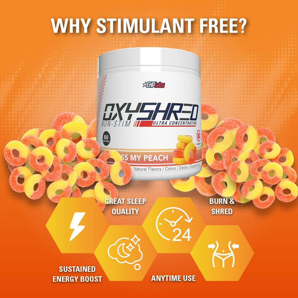 Etiqueta EHP Labs OxyShred con ingredientes y sello GMP, confianza en calidad