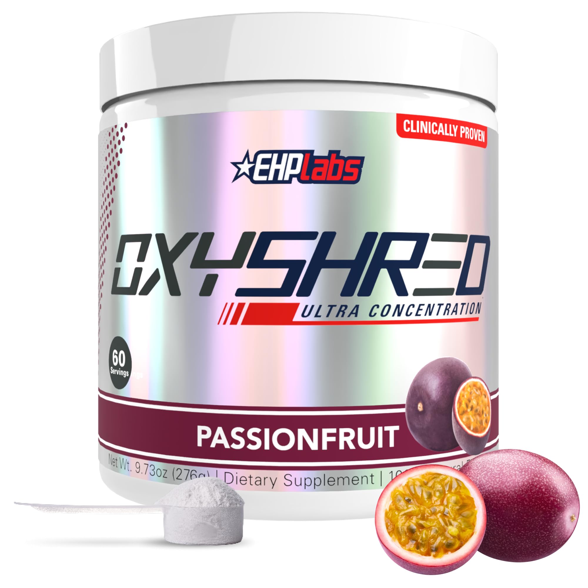 EHP Labs OxyShred frente del empaque mostrando 60 servicios y sabor passionfruit, destaca durabilidad