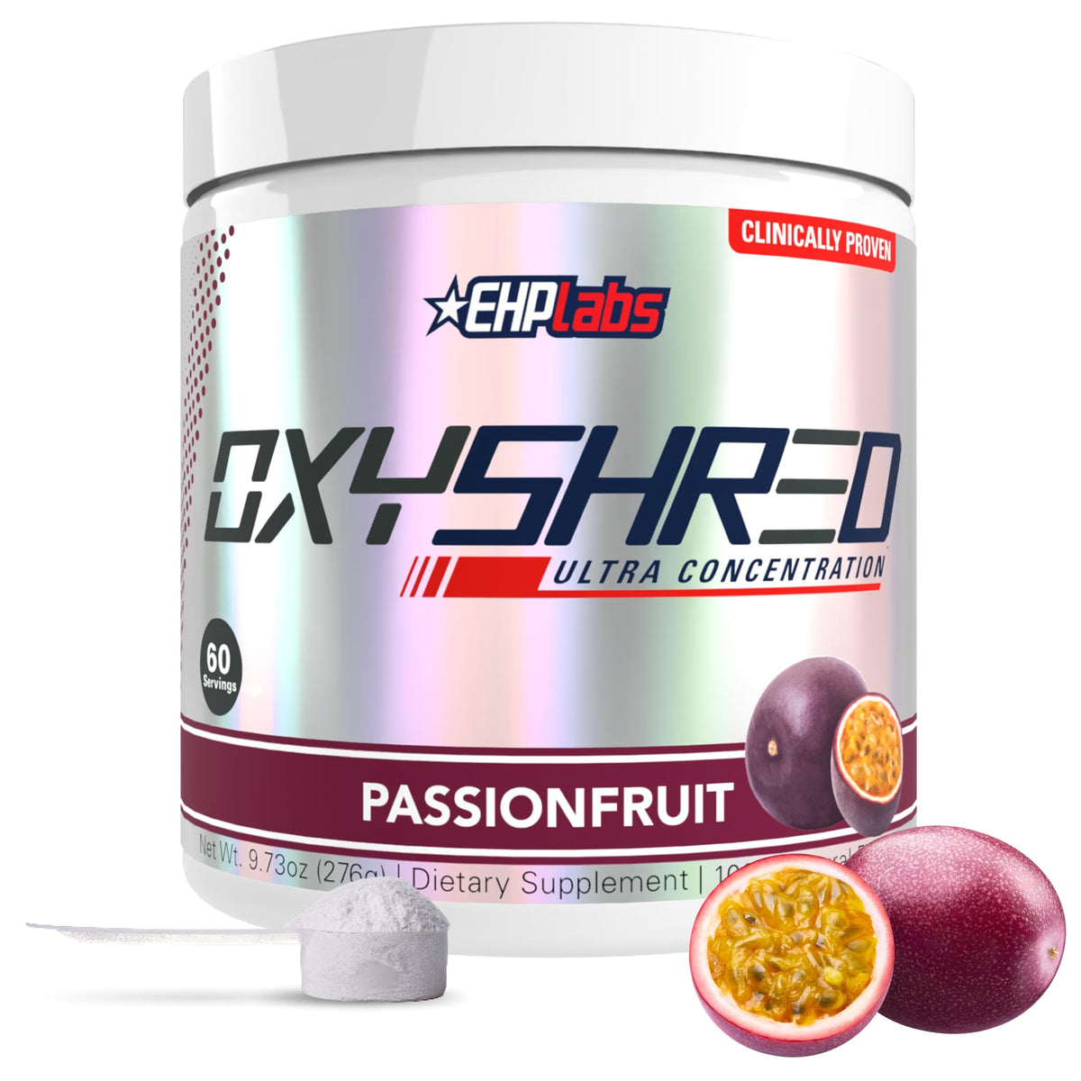 EHP Labs OxyShred frente del empaque mostrando 60 servicios y sabor passionfruit, destaca durabilidad