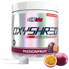EHP Labs OxyShred frente del empaque mostrando 60 servicios y sabor passionfruit, destaca durabilidad