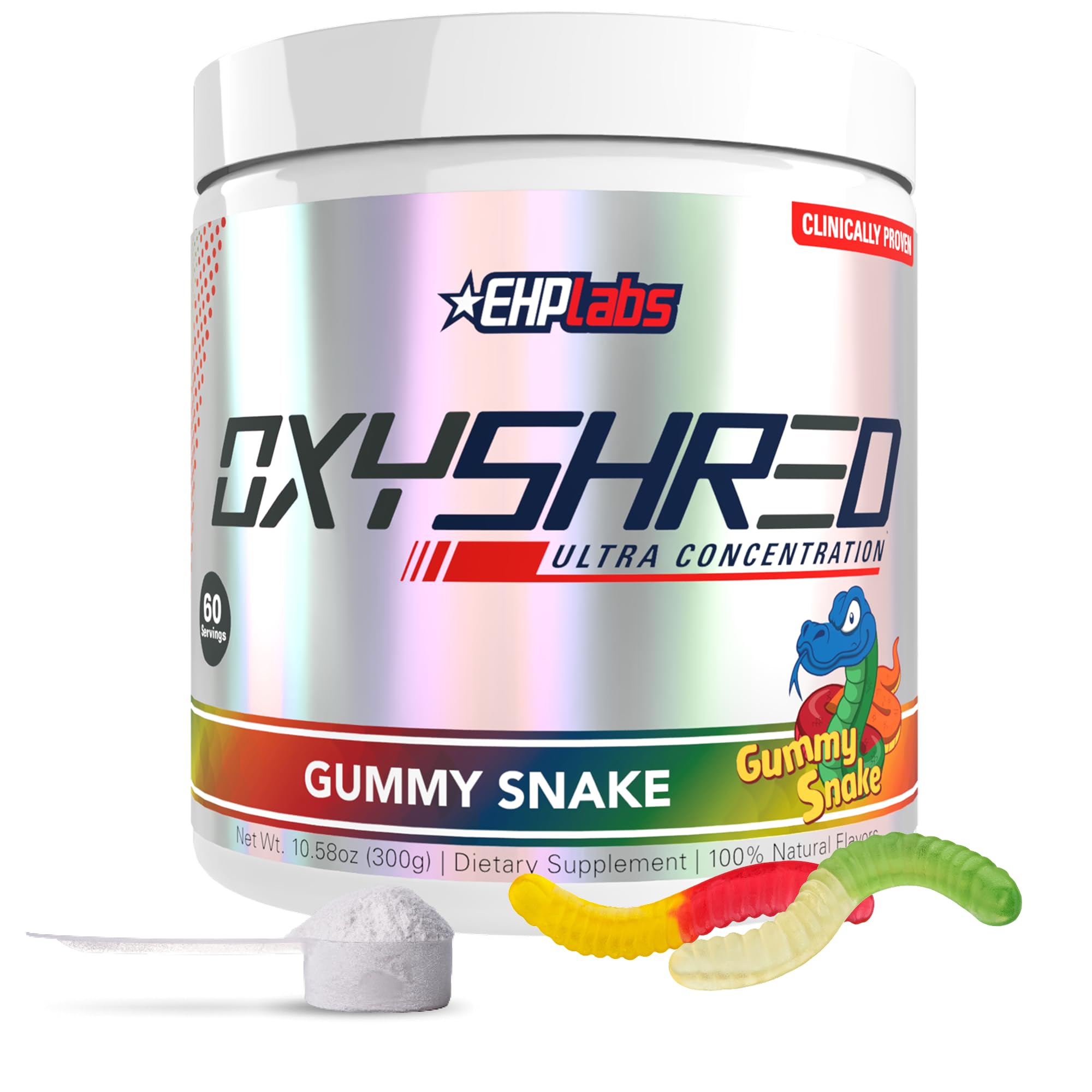 EHP Labs OxyShred frente del envase mostrando sabor Gummy Snake y beneficio energía