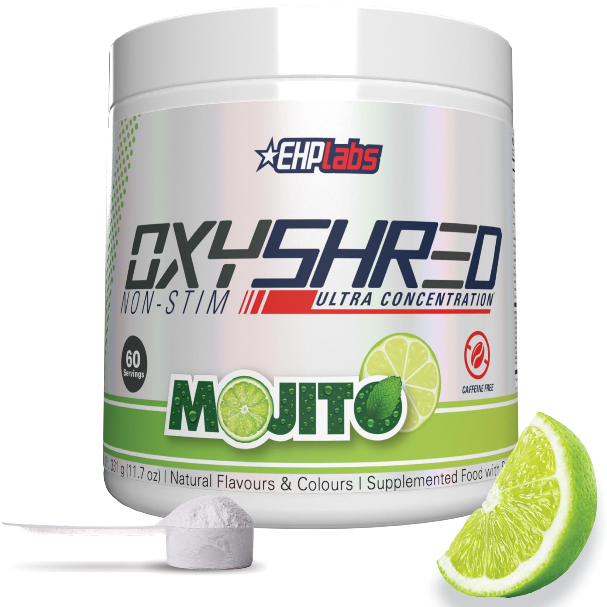 EHP Labs OxyShred frente del envase mostrando 60 servicios y beneficio sin estimulantes