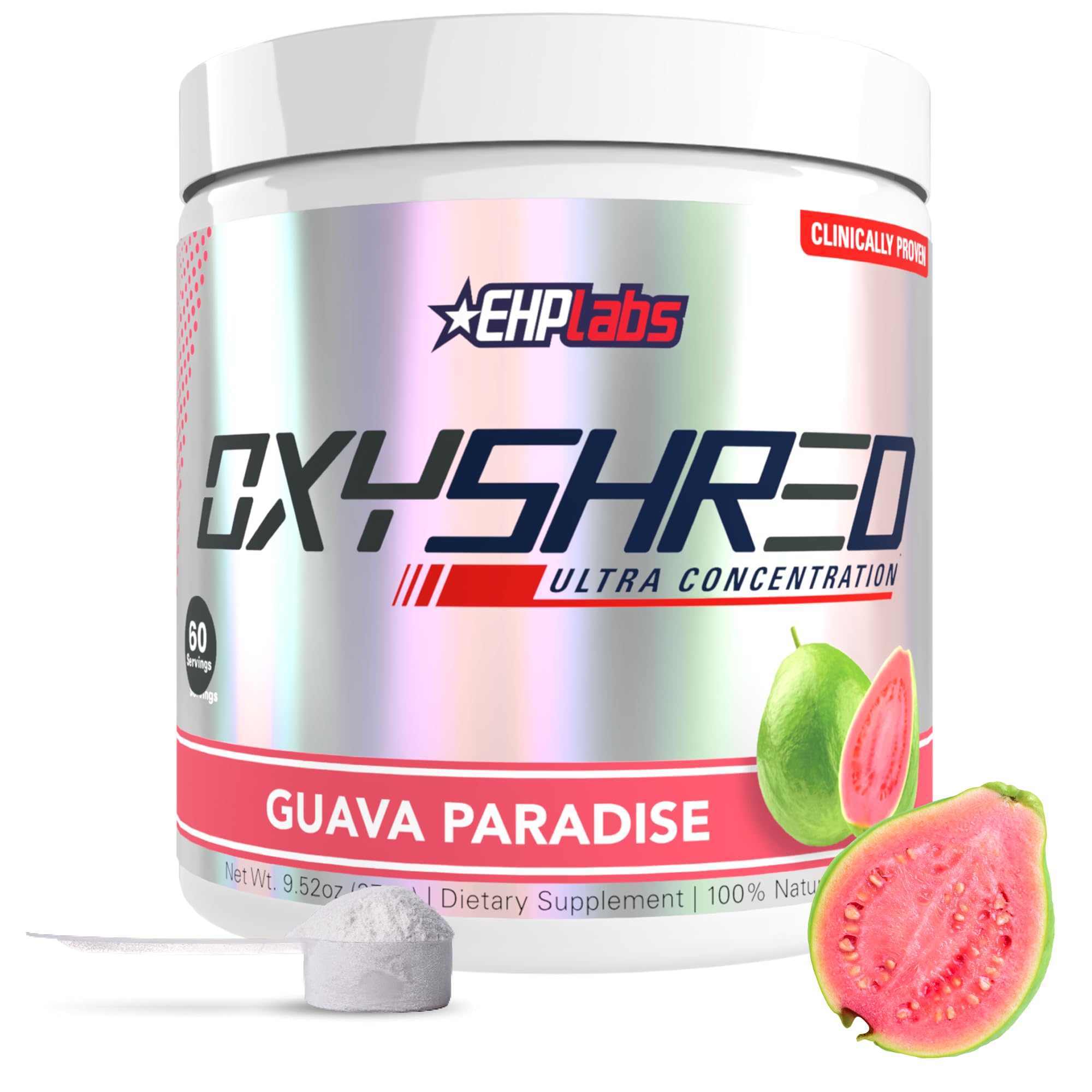 Envase EHP Labs OxyShred Guava Paradise mostrando diseño frontal y beneficios
