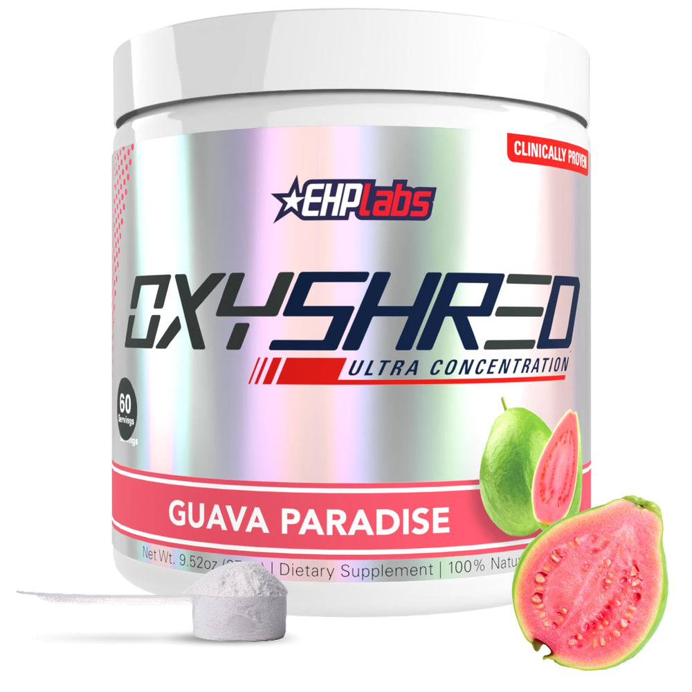 Envase EHP Labs OxyShred Guava Paradise mostrando diseño frontal y beneficios