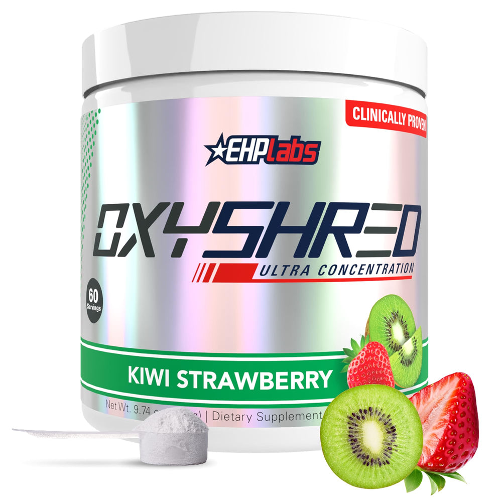 EHP Labs envase frontal OxyShred mostrando presentación Kiwi Strawberry y dosis