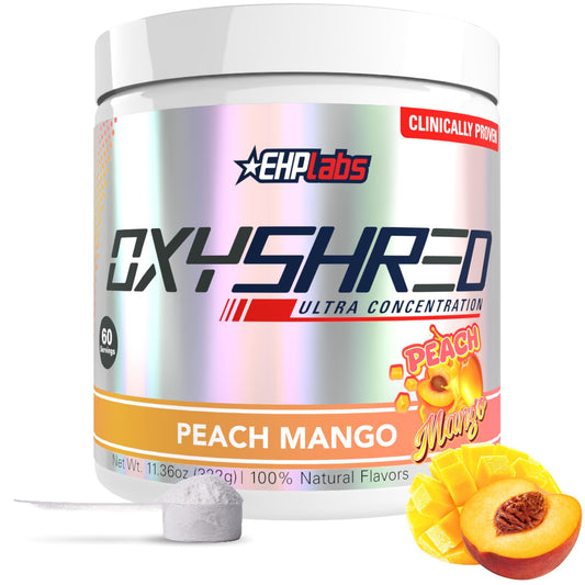 EHP Labs OxyShred envase frontal mostrando diseño y sabor Peach Mango beneficio visual