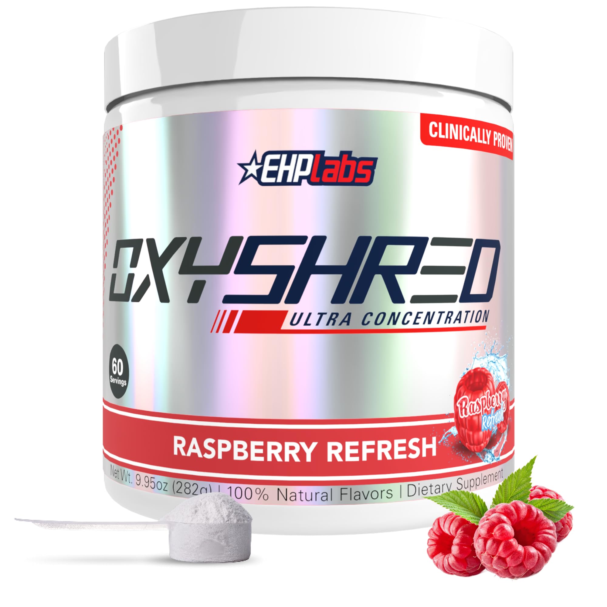 EHP Labs OxyShred frente del envase mostrando 60 servicios y sabor Raspberry Refresh para energía