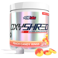 EHP Labs OxyShred frente del envase muestra 60 servicios y sabor Peach Candy Rings, impulso energético